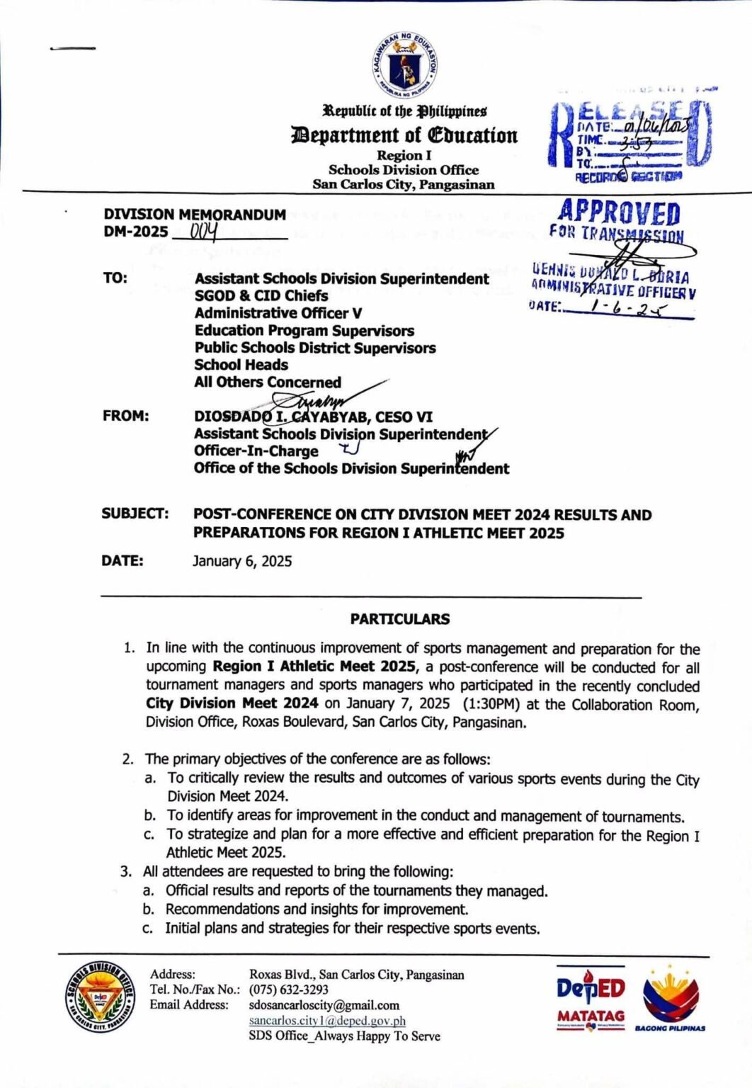 Division Meet Programme Division Memorandum No. 004 s, 2025 โ POST-CONFERENCE ON CITY DIVISION ...