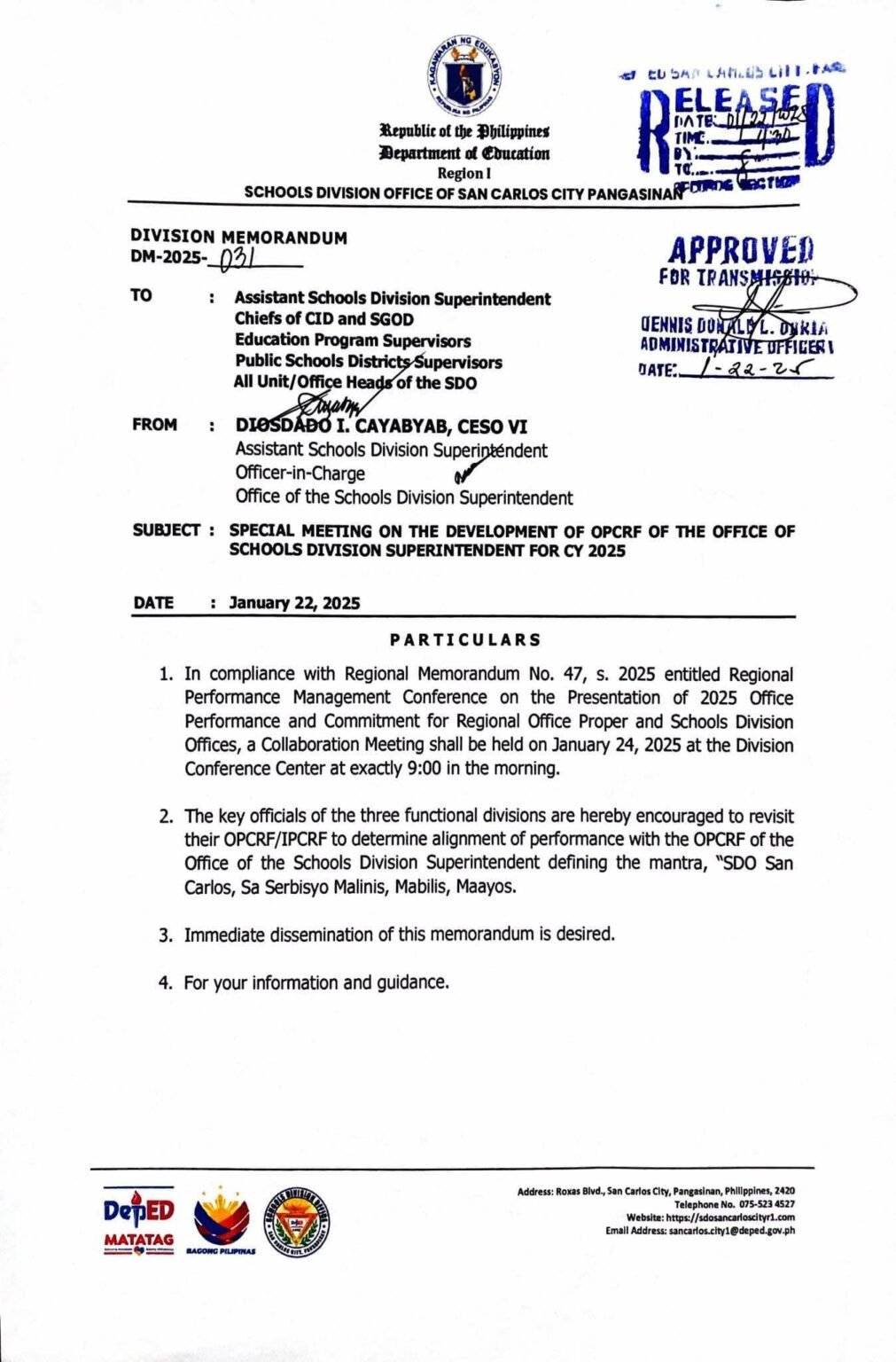 Division Memorandum No. 031 s, 2025 – SPECIAL MEETING ON THE ...