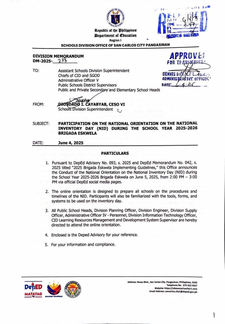 Division Memorandum No. 238 s, 2025 – PARTICIPATION ON THE NATIONAL ...