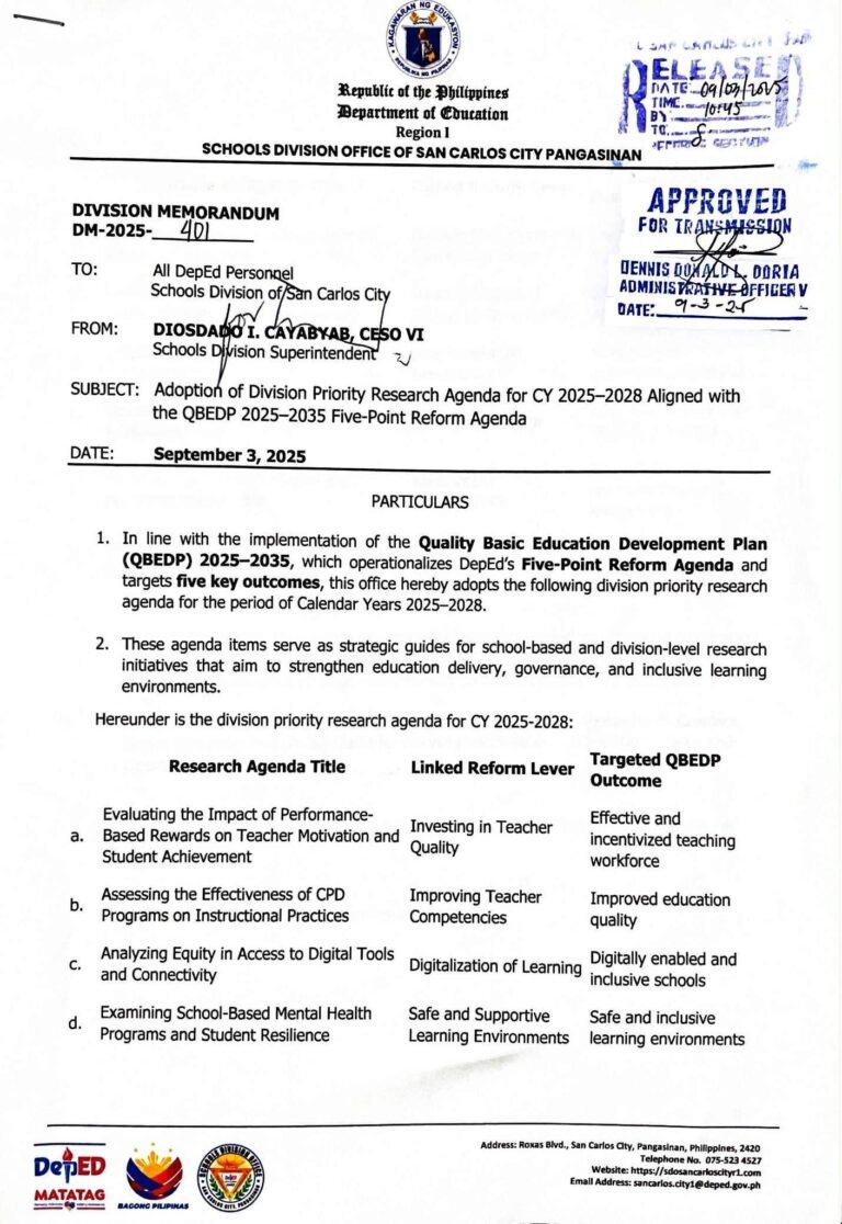 Division Memorandum No. 401 s, 2025 – Adoption of Division Priority ...