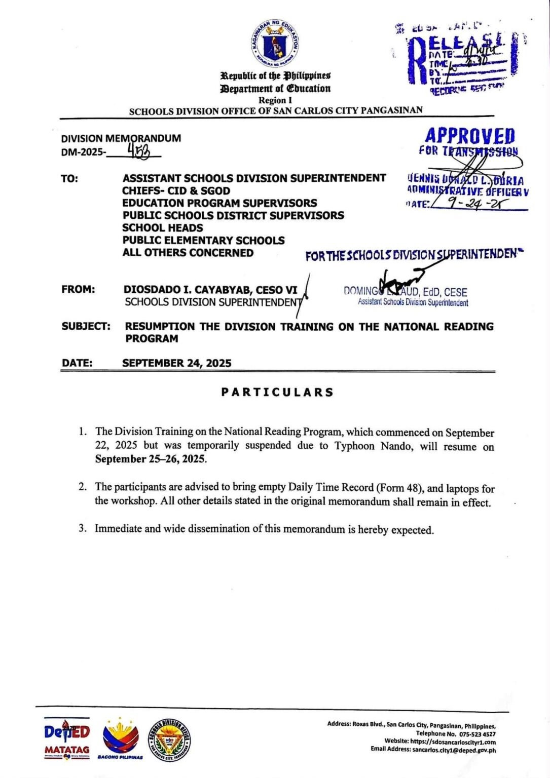 Division Memorandum No. 453 s, 2025 – RESUMPTION THE DIVISION TRAINING ...