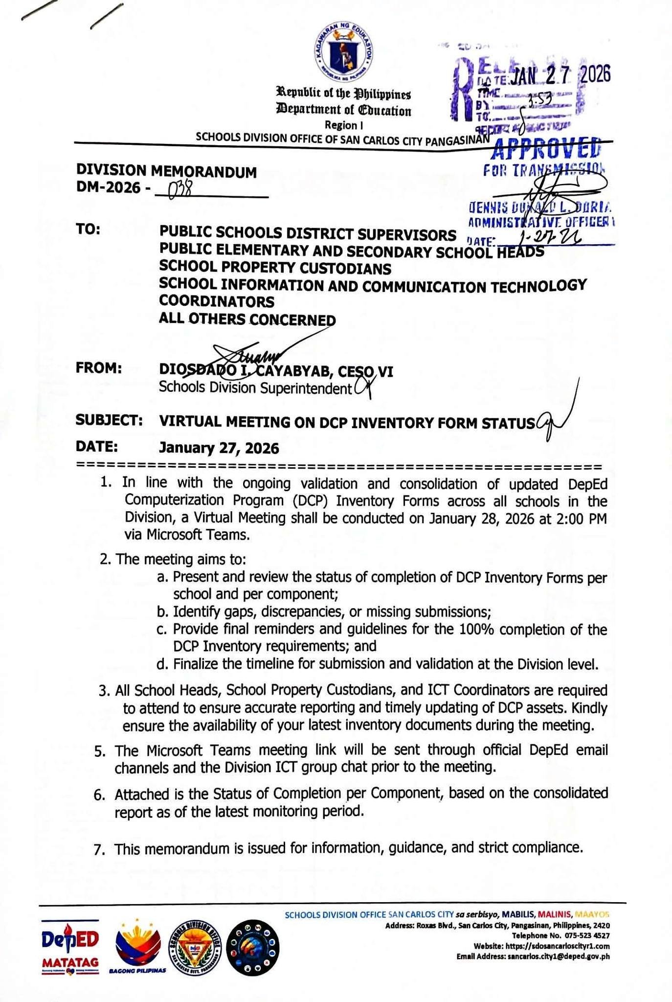 Division Memorandum No. 038 s, 2026 – VIRTUAL METING ON DCP INVENTORY ...