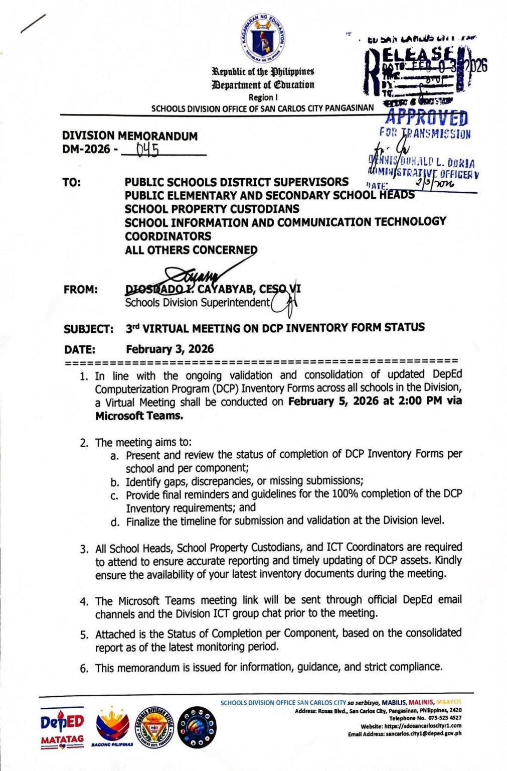 Division Memorandum No. 045 s, 2026 – 3d VIRTUAL MEETING ON DCP ...