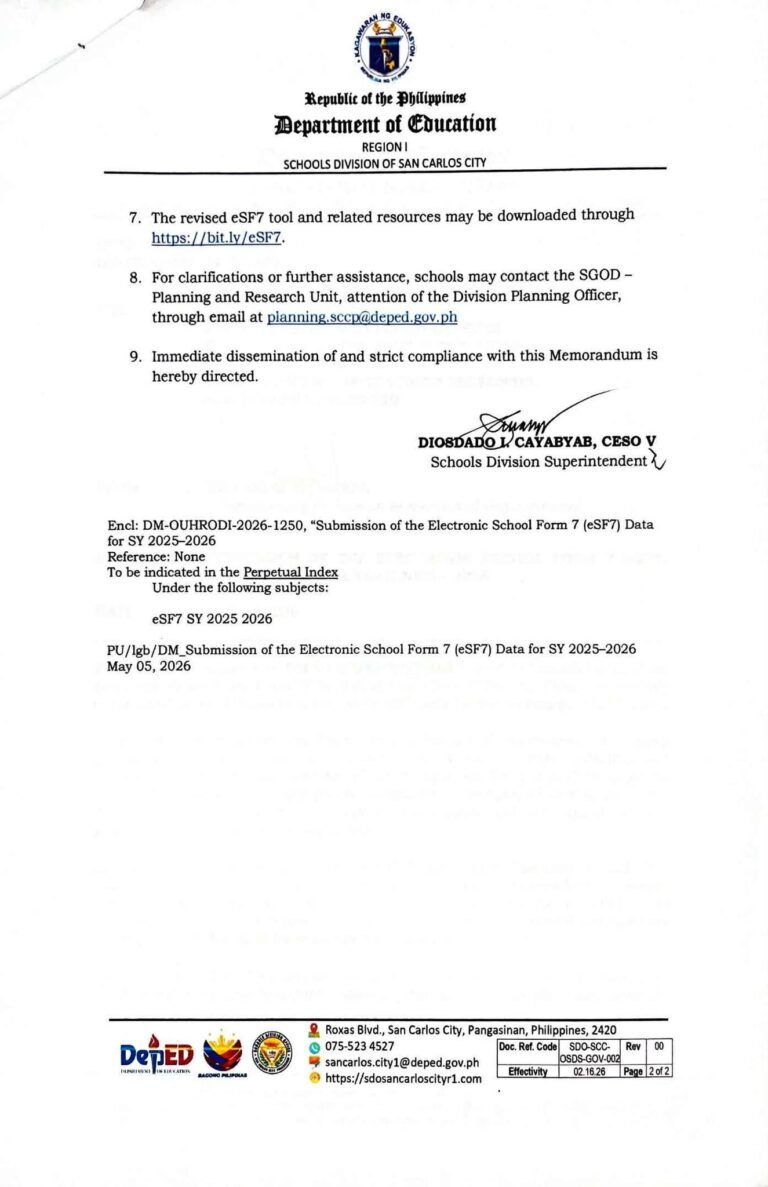 Division Memorandum No. 147 s, 2026 – SUBMISSION OF ELECTRONIC SCHOOL ...